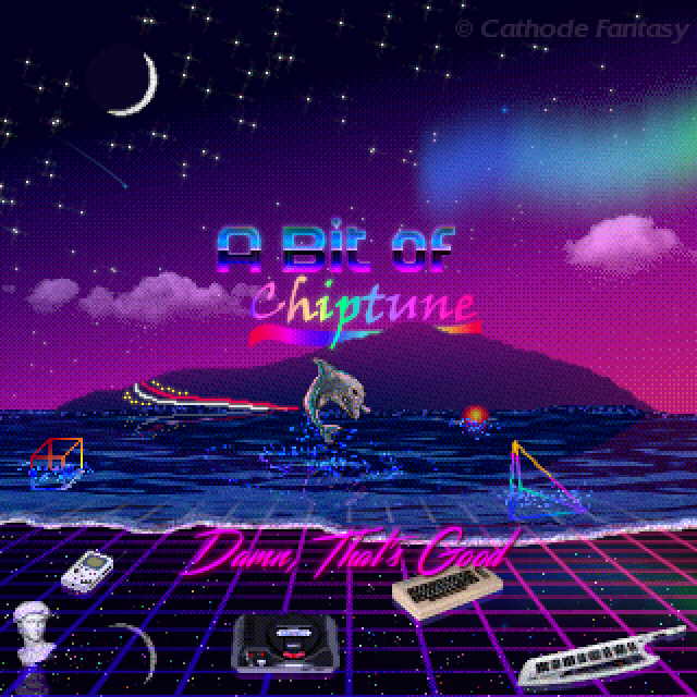 Aesthetic dithered purples and blues album cover art for A Bit of Chiptune - Damn That's Good. Featuring a neon grid, seascape with mountain in the distance, starry moonlit sky, abstact shapes, a bust, game consoles and musical instruments.