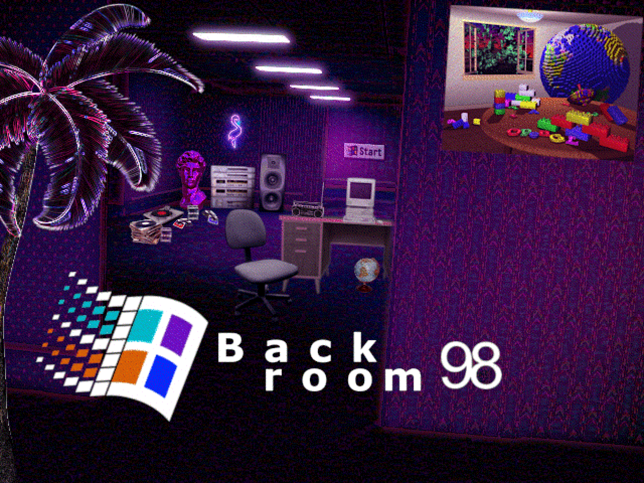 Dark purple office backrooms filled with abstract, aesthetic art and Windows 9X imagery. Various items like a neon palm tree, an office desk with old PC and radio, globe, office chair, shiny purple bust, and stereo system with records and media are seen. Below is a white Win 9X logo and text that reads Back room 98.
