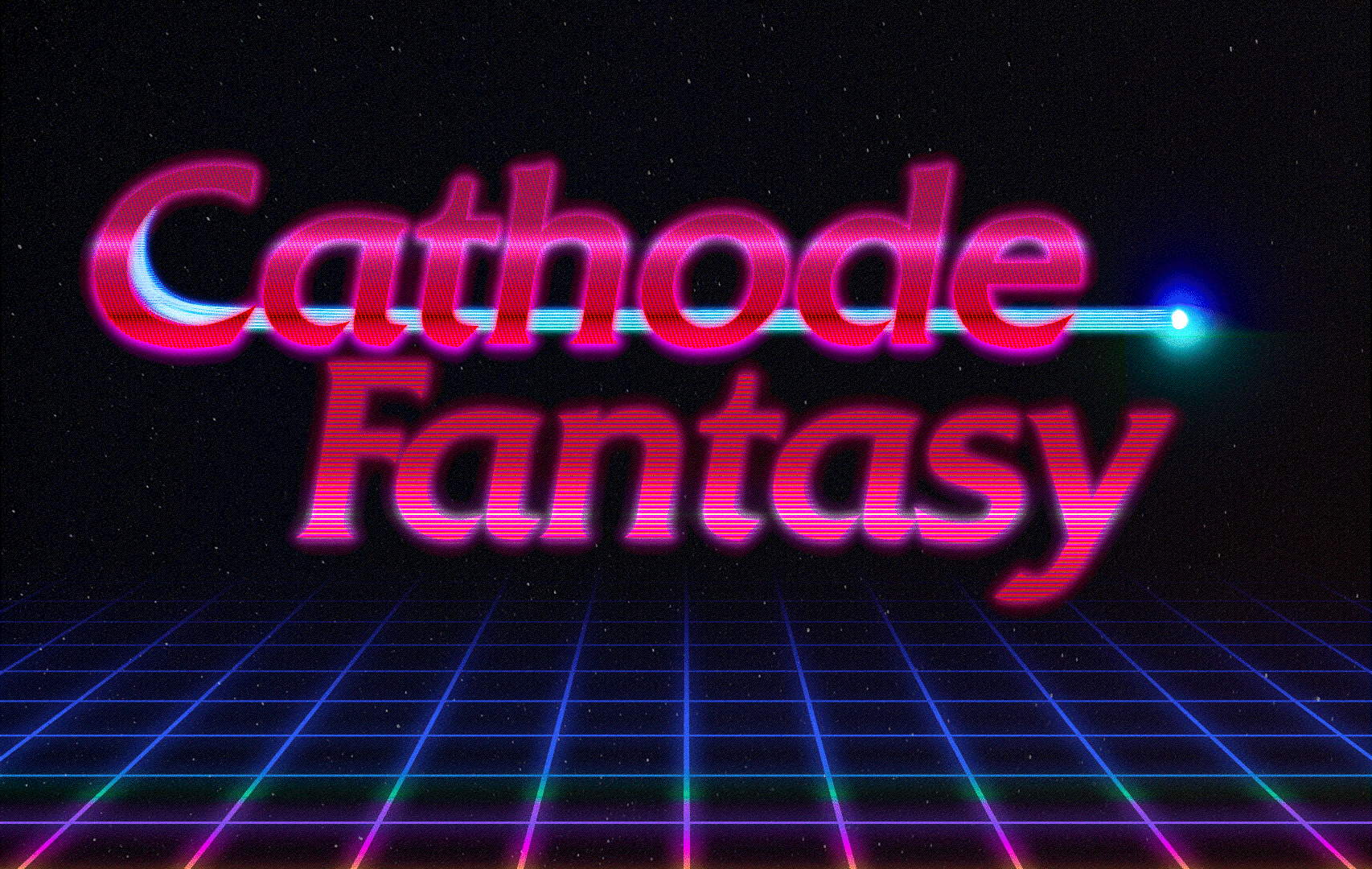 Neon grid in space with a very fancy retro 80s style logo reading Cathode Fantasy in chrome cobalt red.