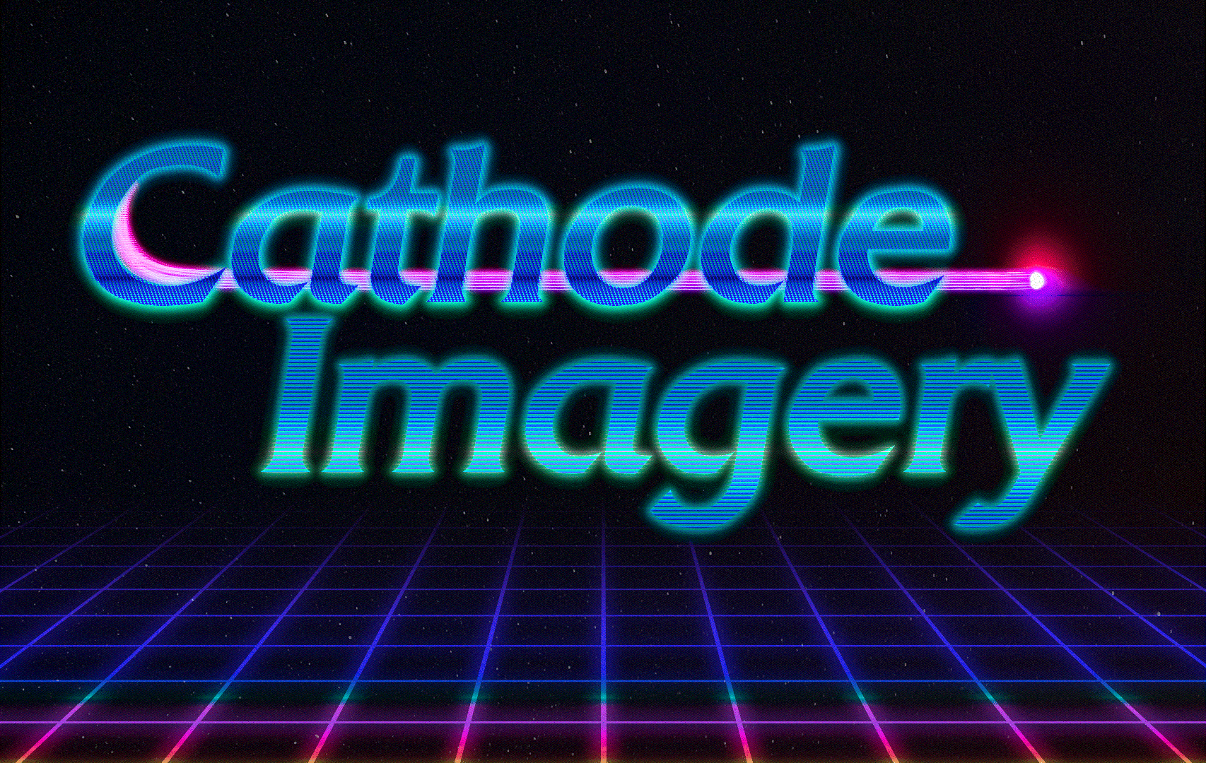 Neon grid in space with a very fancy retro 80s style logo reading Cathode Imagery in chrome electro-blue.