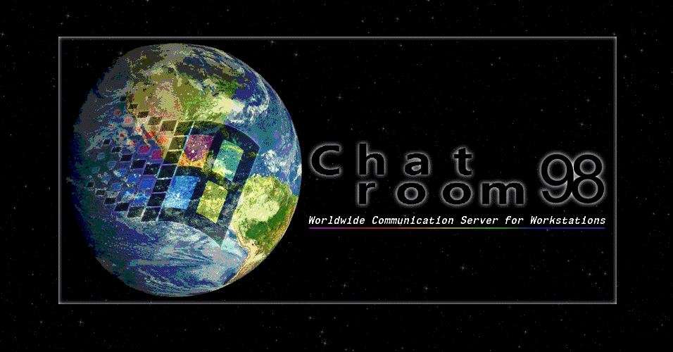 Starry space background, Earth seen on the left with a Windows 9X logo superimposed. To the right is a large Chat room 98 logo, and below it reads Worldwide Communication Server for Workstations. It has a rainbow underline. A dark gray border surrounds all these elements.