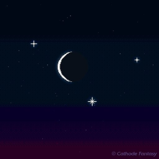 Animated pixel art of a crescent moon and stars glowing in the dark night sky, with a meteor making a quick appearance.