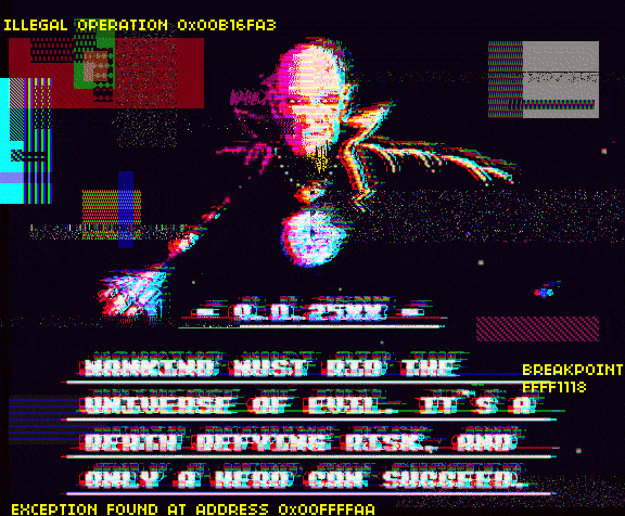 Glitchy video artifacts edit of a screenshot from the intro of Gyruss on NES.