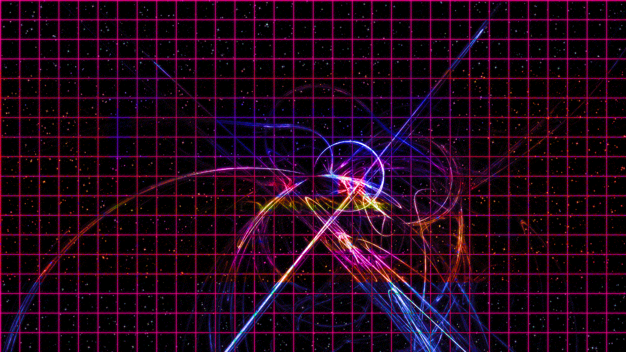 Abstract colorful swirly nebula shapes in space with a colorful neon grid in front.