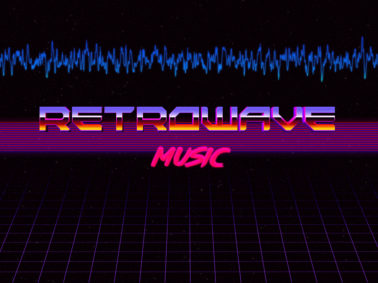 Starry space background, electric-blue audio waveform is seen above, red and blue alternating horizontal lines are in the center, and a blue/purple neon grid is below. In the center, above and below the lines respectively, reads RETROWAVE MUSIC in fancy 80s style chrome/glowing text.