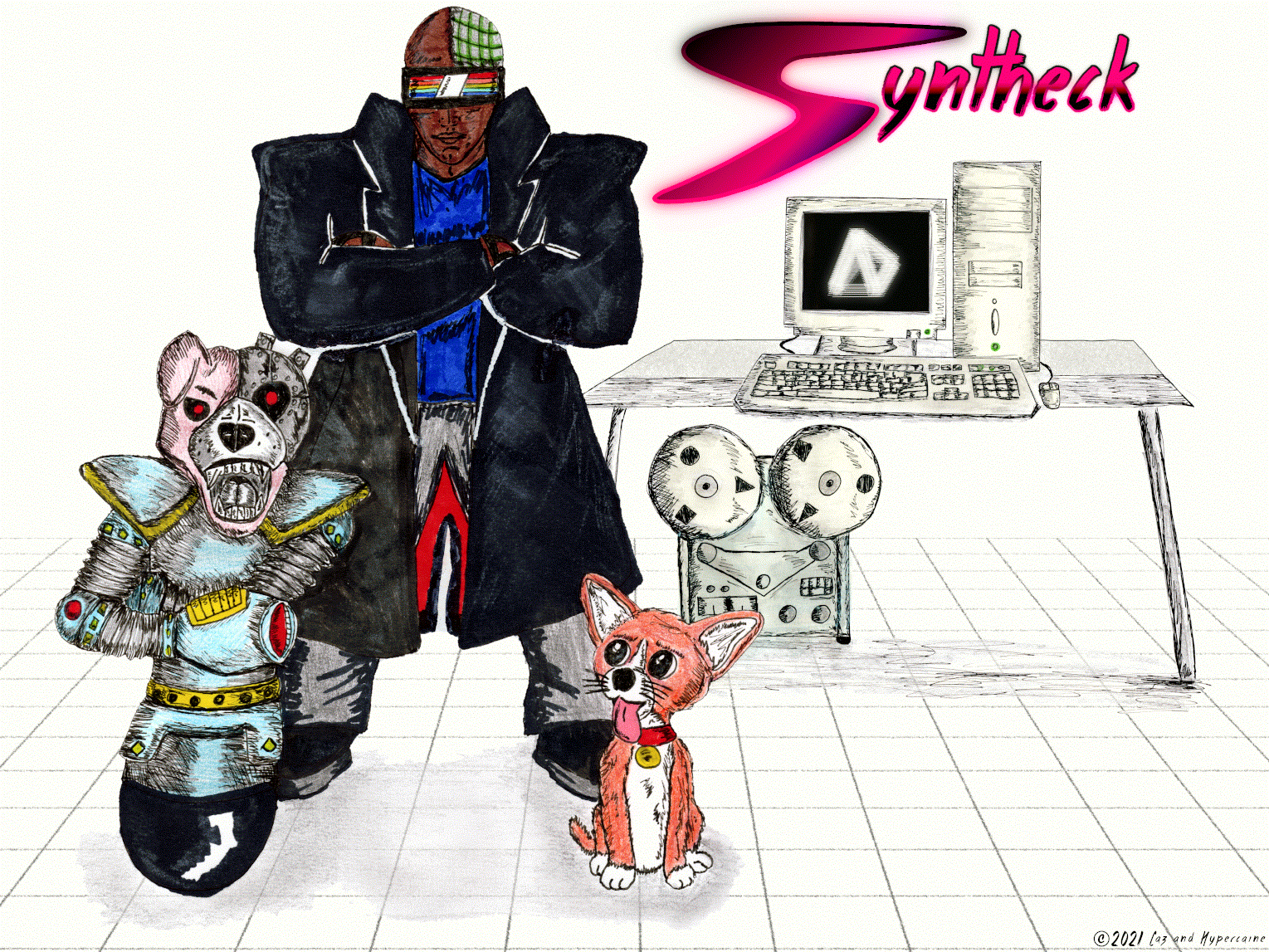 Hand-drawing composite, depiction of Syntheck character from Fighting Furies. He's a tall black man, bald with half of his head with a biomech implant, wearing LED display glasses, blue shirt, gray pants, black coat and shoes. He stands with two companions; blue mech dog Juno, and tan chihuahua Nacho. The floor is a simple grid, and behind is a desk with retro PC on top and open reel tape deck below. Above that is a magenta and purple Syntheck logo.