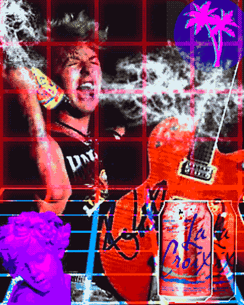 A silly vaporwave edit of musician Brian Setzer enjoying mistified LaCroix, featuring red and blue neon grids, a purple classical bust of a girl, a guitar, and little purple palm trees.