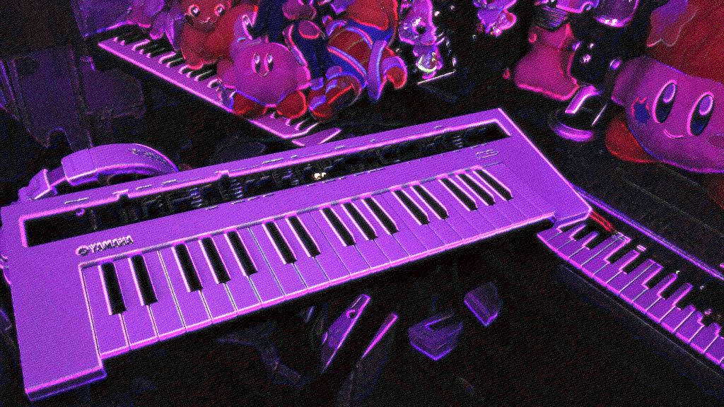 Neon purple edit of a Yamaha Reface CS synth with headphones, a mic, and other keyboards seen behind. Various video game and pop culture plushies lay on top of the keyboards in the background.