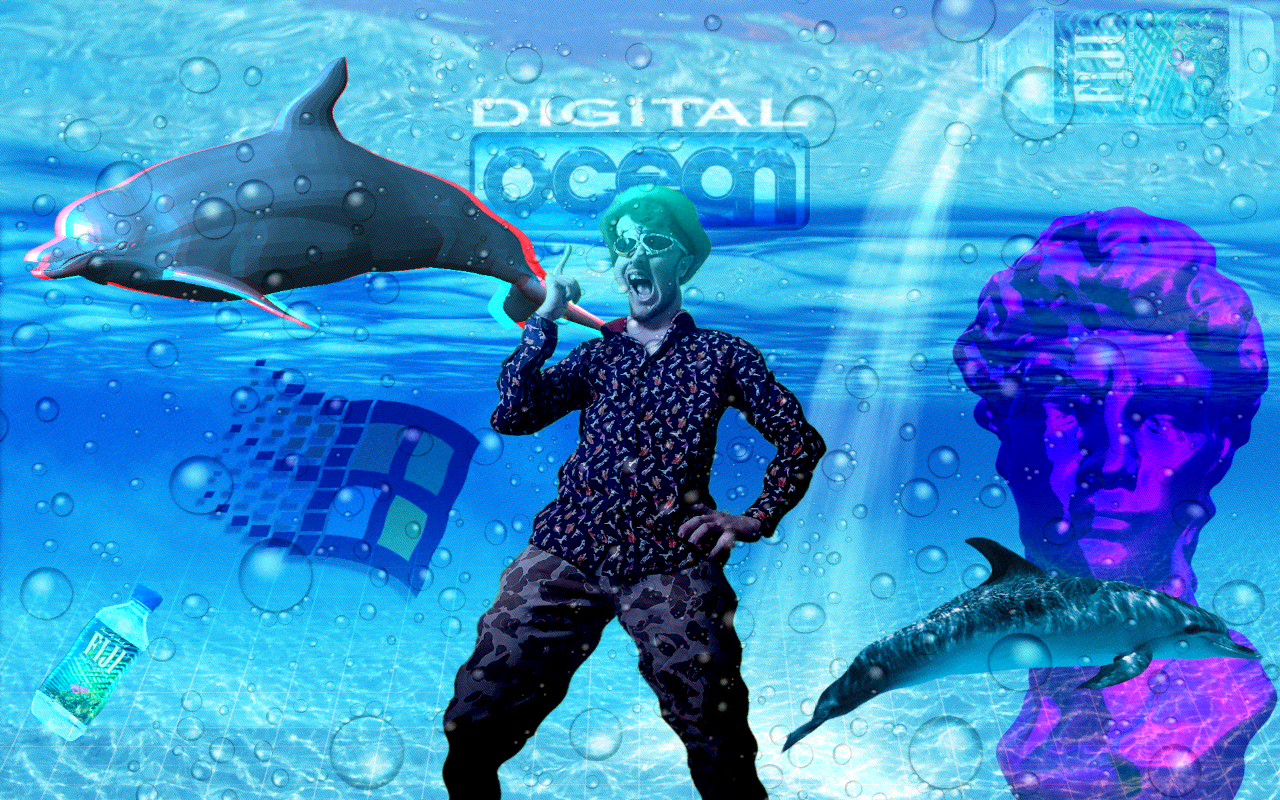 A man pointing upwards, mouth agape, in a goofy outfit, hat, and sunglasses, is placed underneath a bubbling virtual ocean with Fiji bottle waterfalls, dolphins, a bust, and Windows 9X logo.