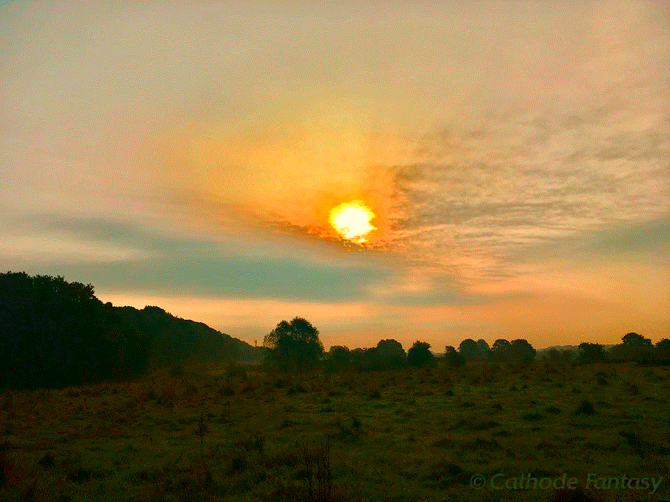 The sun appears as a fireball in the cloudy orange sky, above a darkened green field, with a hill and trees seen further behind.