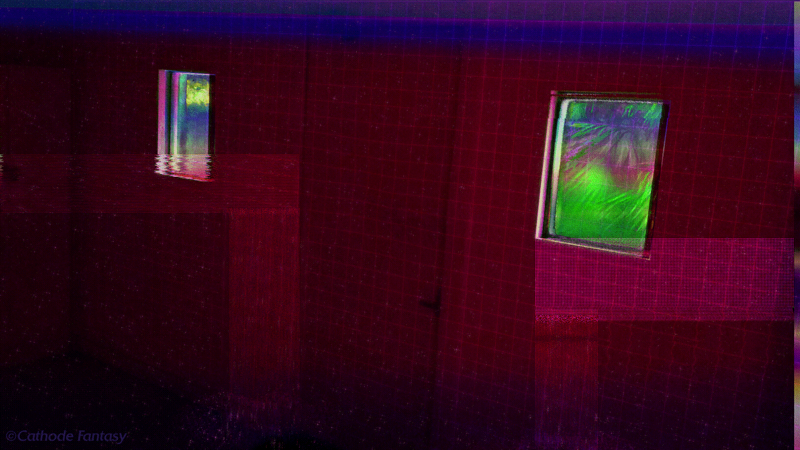 Surrealist, colorful synthwave edit of the dark interior of a small building, looking towards the door and two windows hinting at the outside.