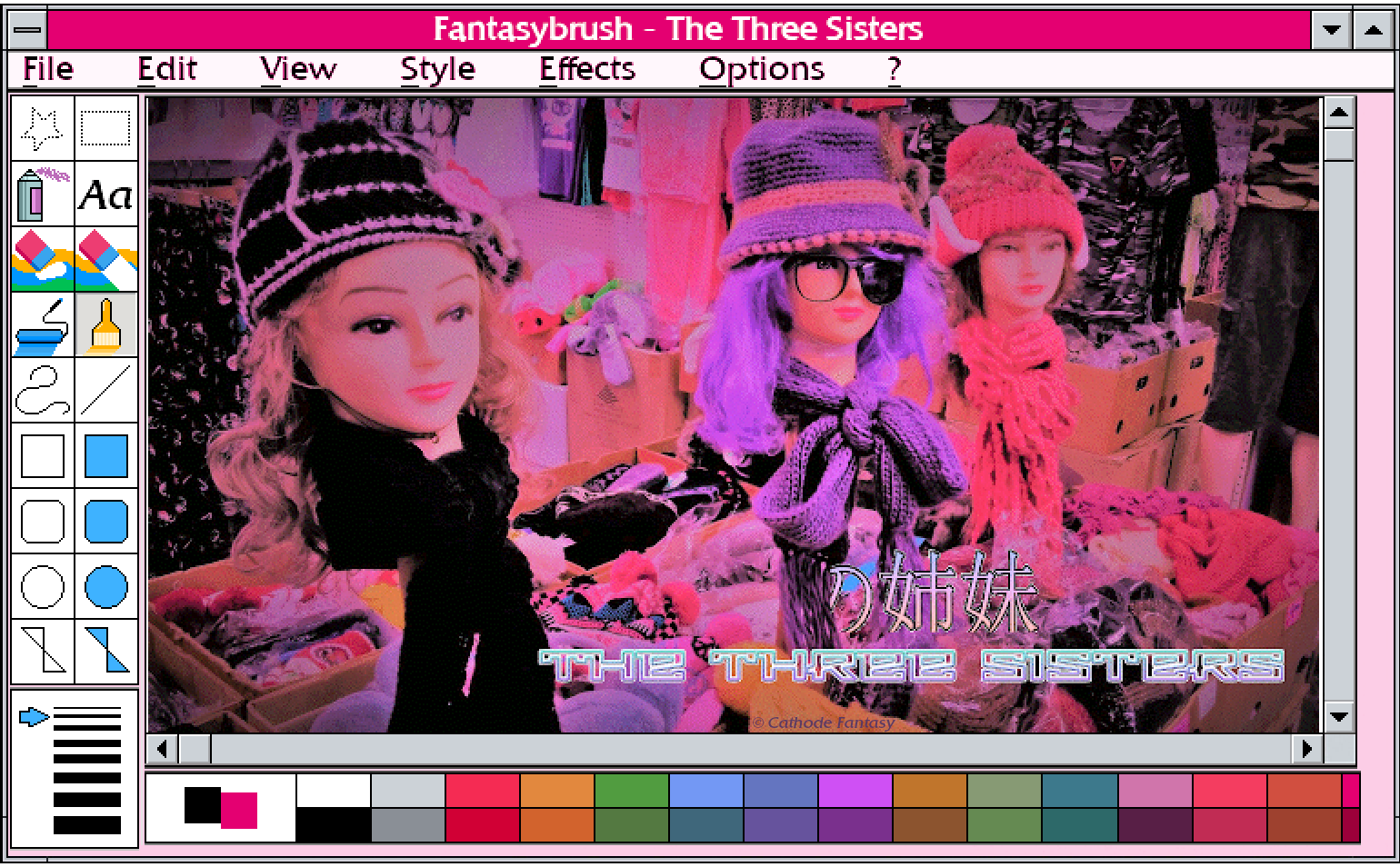 Pastel pink and purple edit of 3 unusual busts of girls dressed up in different things at a flea market clothing store. The image is framed inside a fictional Fantasybrush old-school paint program, and they've been dubbed The Three Sisters.